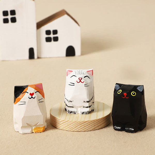 Wood Cat Keychain - Three cat figurines with miniature houses, calico and gray display scene