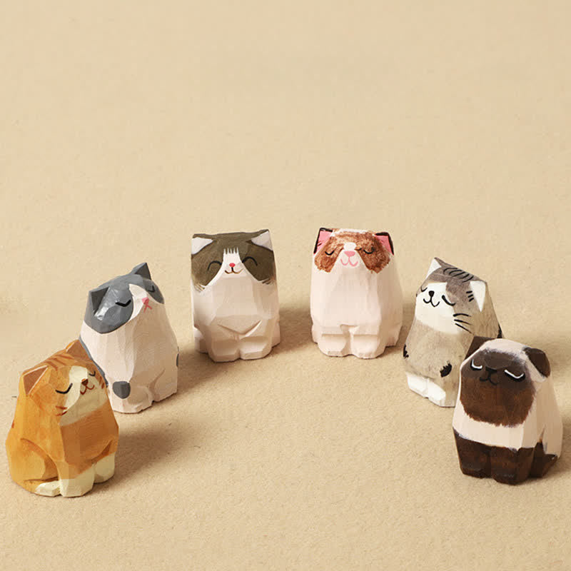Wood Cat Keychain - Six wooden cat figurines in various colors, orange gray and brown, full set