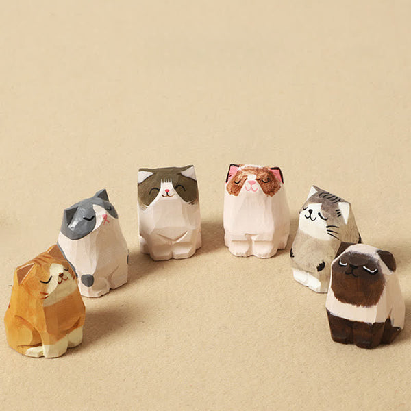 Wood Cat Keychain - Six wooden cat figurines in various colors, orange gray and brown, full set