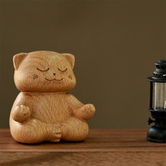 Hand Carved Meditating Cat Wood Decor - Solid Wood Meditation Cat Sculpture, Lotus Pose Hand-Carved Statue