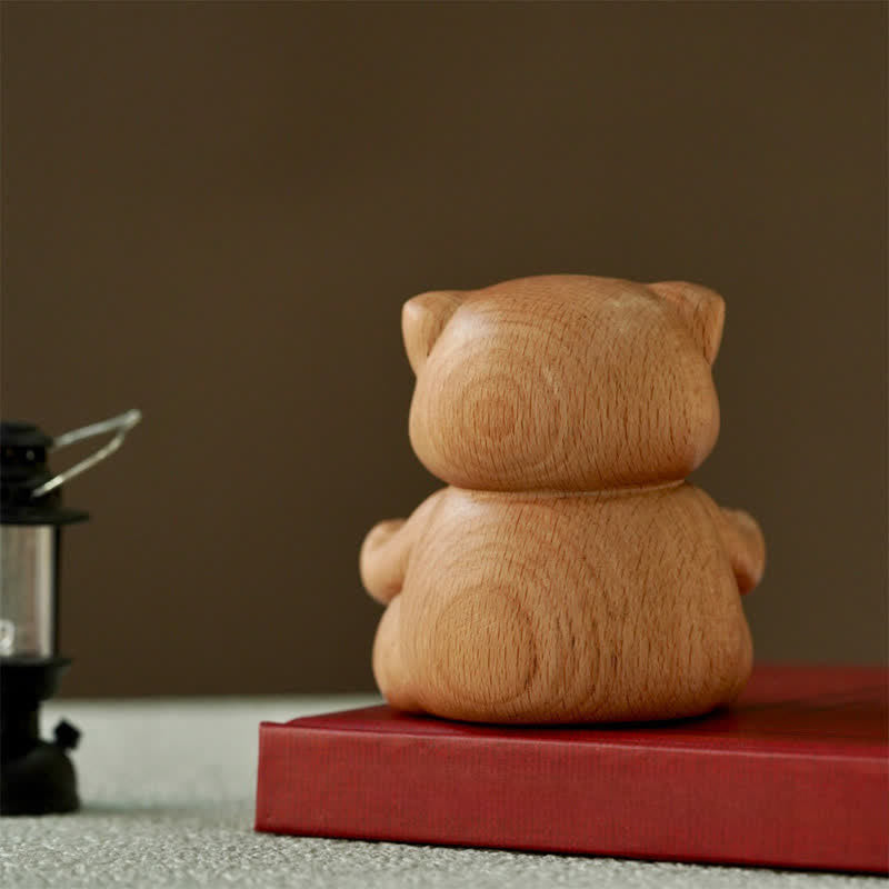 Hand Carved Meditating Cat Wood Decor - Wooden Cat Statue Back View, Natural Beech Wood Grain Texture