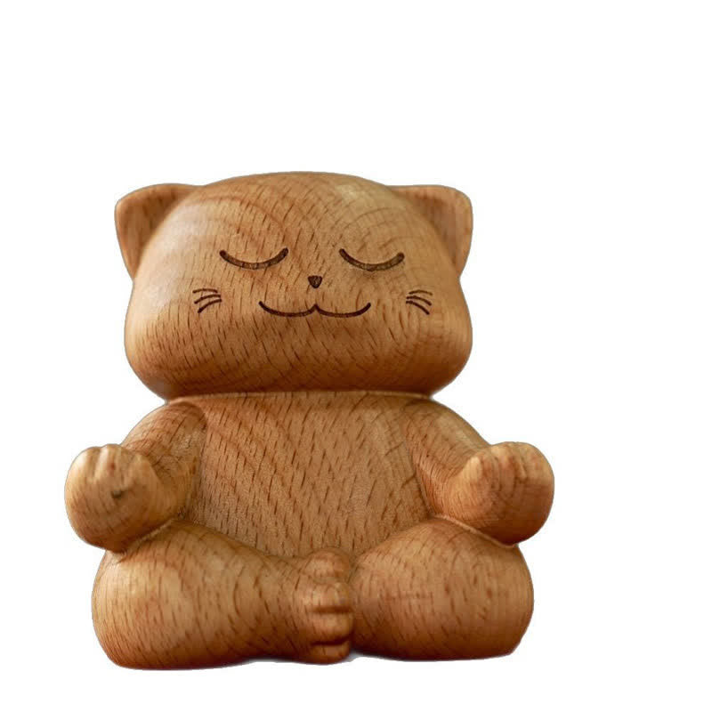 Hand Carved Meditating Cat Wood Decor - White Background Wooden Meditation Cat, Hand-Polished Zen Decor Piece