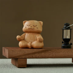 Hand Carved Meditating Cat Wood Decor - Natural Wood Zen Cat Figurine with Closed Eyes, Minimalist Home Decor