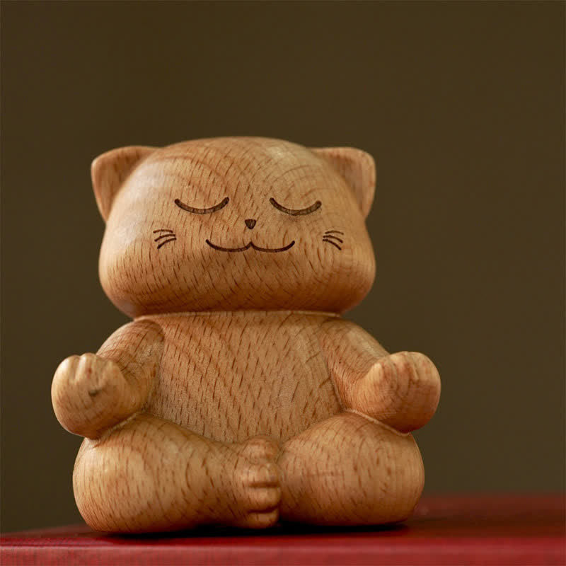Hand Carved Meditating Cat Wood Decor - Artisan Wood Carved Cat Figurine, Honey-Toned Finish, Yoga Decor