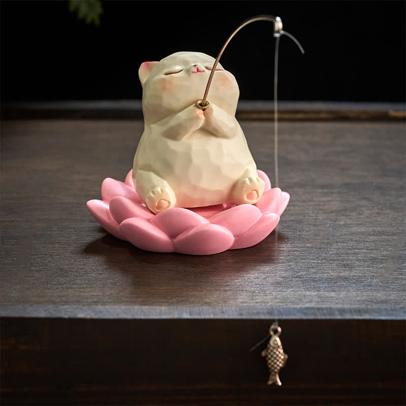 Lotus Animal Fishing Desk Decor - close-up cream cat on lotus flower with dangling gold fish pendant, new beginnings gift