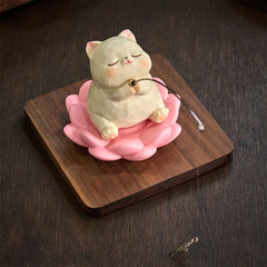 Lotus Animal Fishing Desk Decor - cream resin cat meditating on pink lotus base with fishing rod and fish charm, zen decor