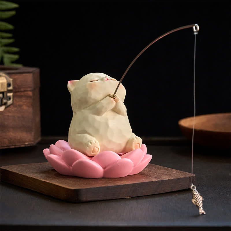 Lotus Animal Fishing Desk Decor - carved resin cat figurine on pink lotus holding bronze fishing rod, mindfulness statue