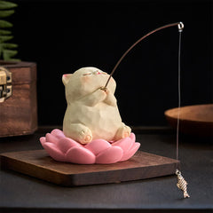 Lotus Animal Fishing Desk Decor - carved resin cat figurine on pink lotus holding bronze fishing rod, mindfulness statue