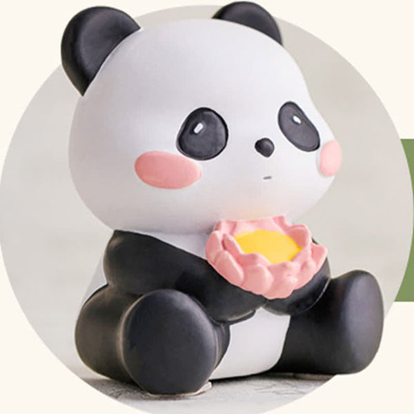 Resin Lotus Panda Phone Stand – Front view of panda on lotus with golden aura halo, minimalist background, spiritual zen d...