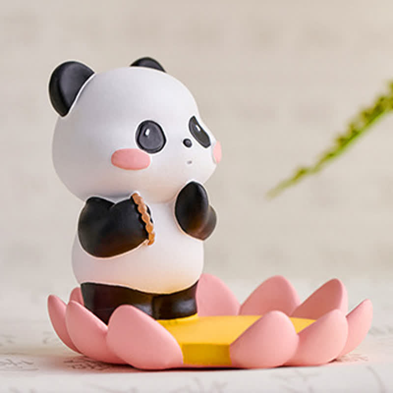 Resin Lotus Panda Phone Stand – Front view of meditating panda with prayer beads on pink lotus, golden center platform, sp...