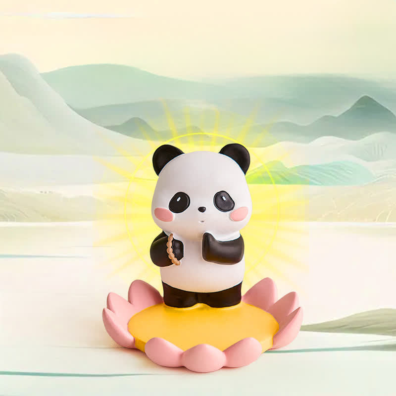 Resin Lotus Panda Phone Stand – Meditating panda with prayer beads on pink lotus, zen landscape background, spiritual decor