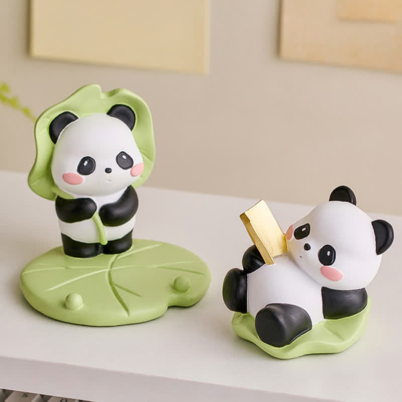 Resin Lotus Panda Phone Stand – Lotus leaf panda and reclining panda with gold phone slot, functional desk stand on white ...
