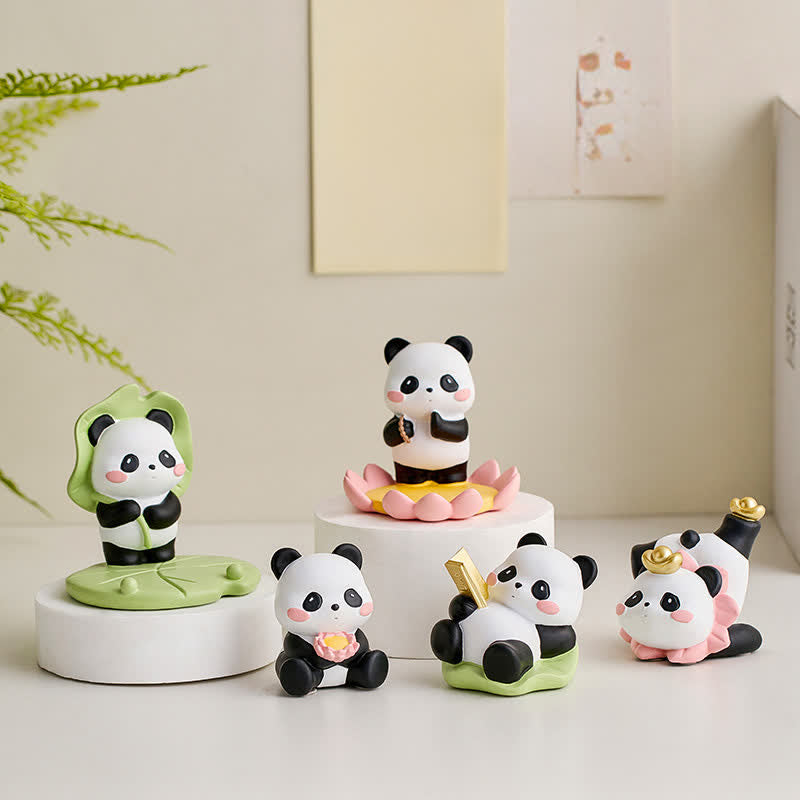Resin Lotus Panda Phone Stand – Five panda figurine collection displayed on white platforms with lotus and leaf themes, ka...