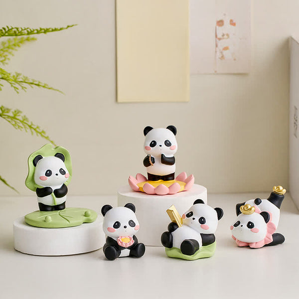 Resin Lotus Panda Phone Stand – Five panda figurine collection displayed on white platforms with lotus and leaf themes, ka...