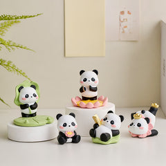 Resin Lotus Panda Phone Stand – Five panda figurine collection displayed on white platforms with lotus and leaf themes, ka...