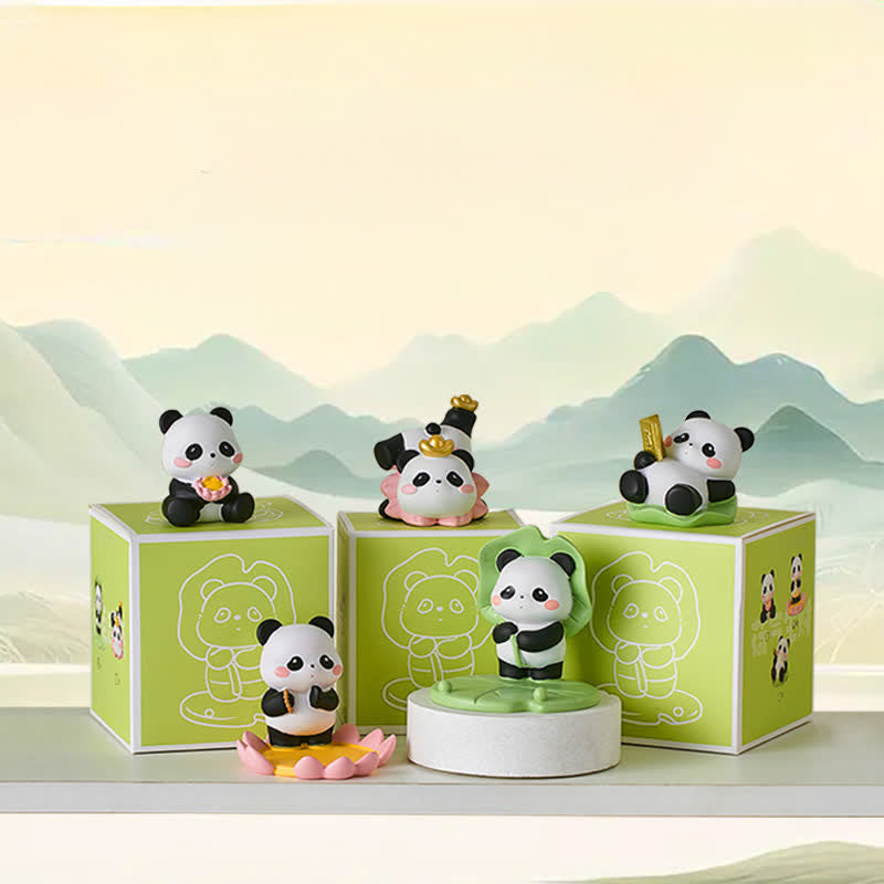 Resin Lotus Panda Phone Stand – Full panda figurine set with green packaging boxes, shan shui mountain backdrop, collectib...