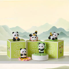 Resin Lotus Panda Phone Stand – Full panda figurine set with green packaging boxes, shan shui mountain backdrop, collectib...