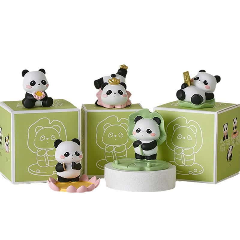 Resin Lotus Panda Phone Stand – Five panda figurines arranged with green blind box packaging, studio white background, ful...