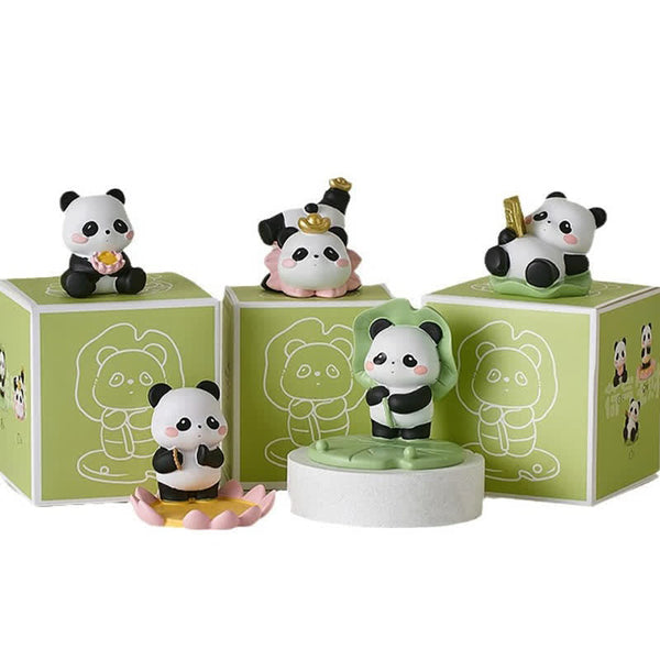 Resin Lotus Panda Phone Stand – Five panda figurines arranged with green blind box packaging, studio white background, ful...