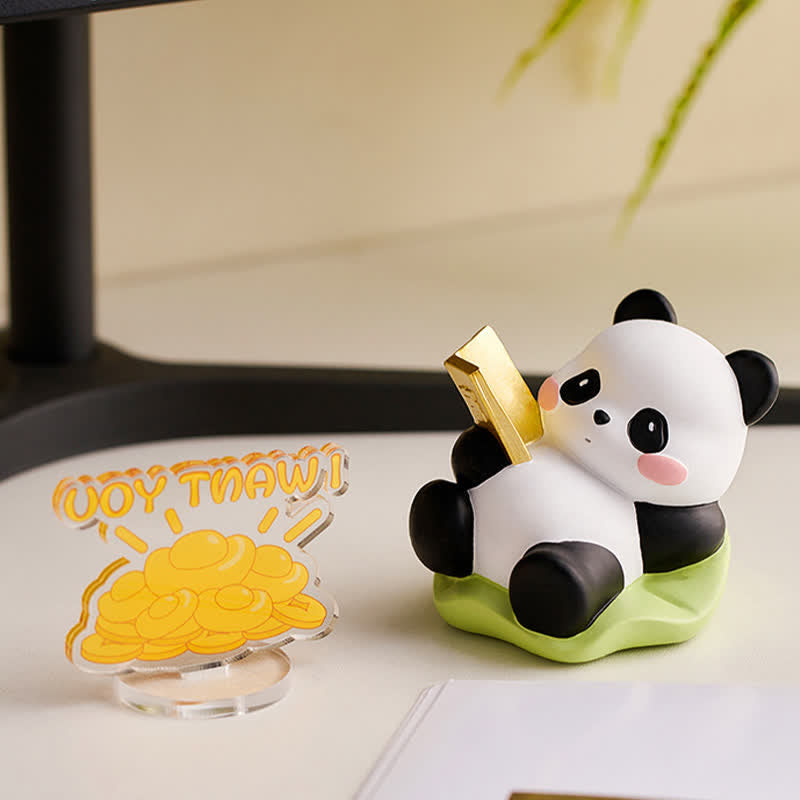 Resin Lotus Panda Phone Stand – Gold ingot panda with prosperity acrylic desk sign on green base, motivational office decor