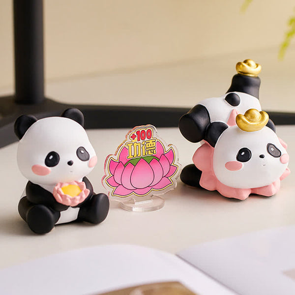Resin Lotus Panda Phone Stand – Meditating panda pair with lotus base and acrylic desk sign, mindfulness desk decor