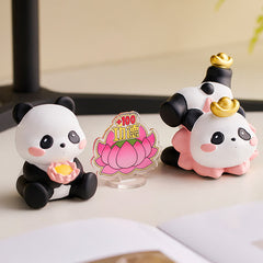 Resin Lotus Panda Phone Stand – Meditating panda pair with lotus base and acrylic desk sign, mindfulness desk decor