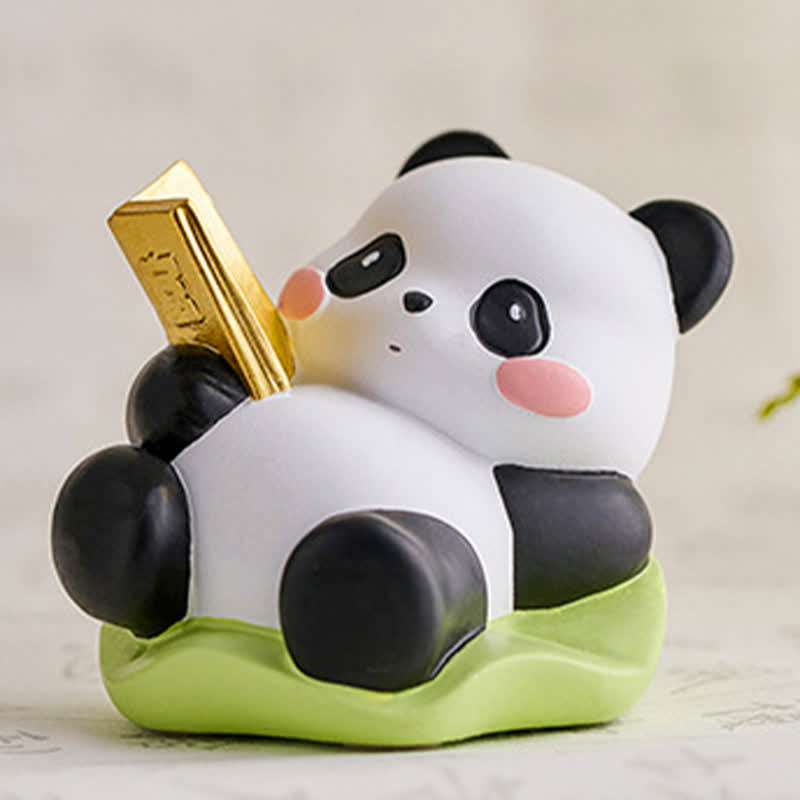 Resin Lotus Panda Phone Stand – Reclining panda with gold ingot on green leaf base, low angle close-up, wealth symbolism
