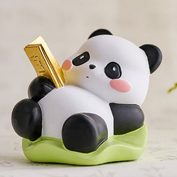 Resin Lotus Panda Phone Stand – Reclining panda with gold ingot on green leaf base, low angle close-up, wealth symbolism