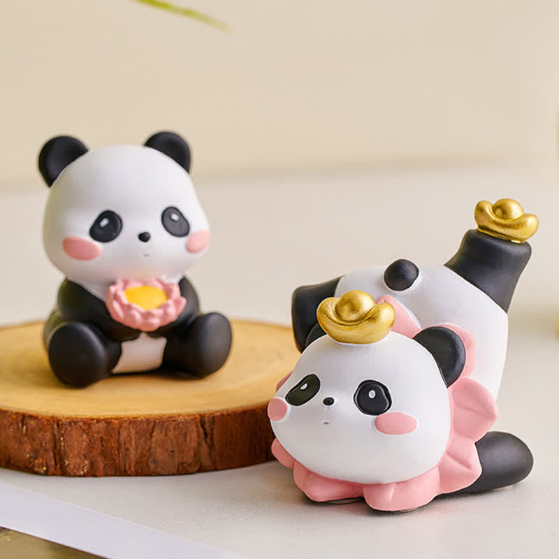 Resin Lotus Panda Phone Stand – Two panda figurines with pink lotus flower and gold ingot on natural wood slice, prosperit...