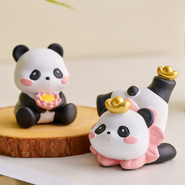 Resin Lotus Panda Phone Stand – Two panda figurines with pink lotus flower and gold ingot on natural wood slice, prosperit...