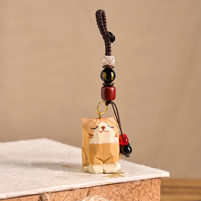 Wood Cat Keychain - Light wood cat with gold mantra bead, Bodhi seed, red bead, spiritual pendant