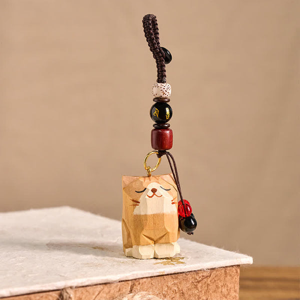 Wood Cat Keychain - Light wood cat with gold mantra bead, Bodhi seed, red bead, spiritual pendant