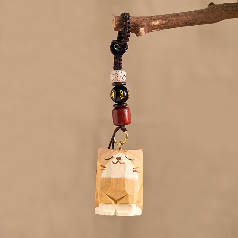 Wood Cat Keychain - Hand-carved tan cat on branch with mantra bead and seed bead, artisan charm