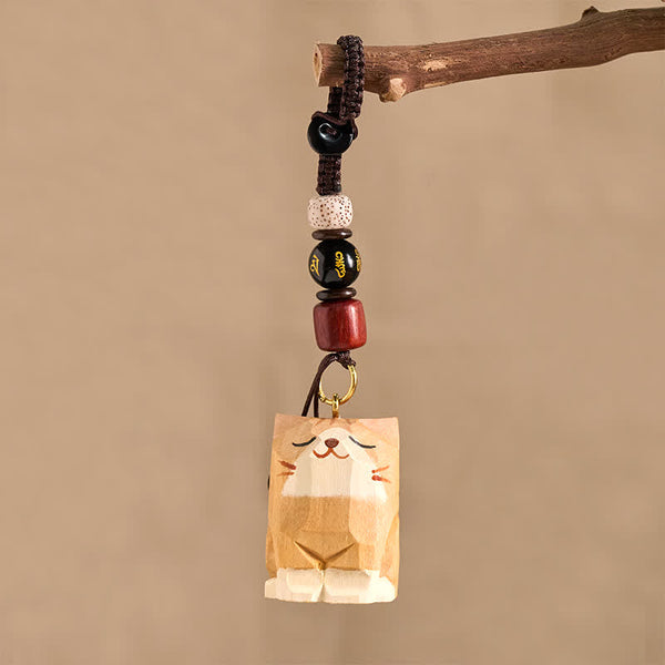 Wood Cat Keychain - Hand-carved tan cat on branch with mantra bead and seed bead, artisan charm