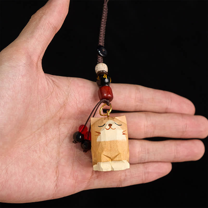Wood Cat Keychain - Light wood cat on black background with mantra bead, Bodhi seed, gold ring