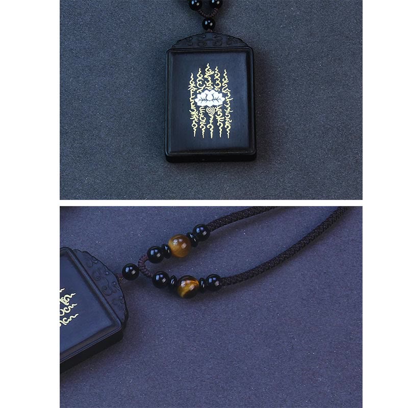 Ebony Wood Lotus Pendant – Front and side dual view with cord, Talisman