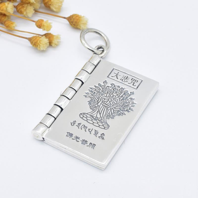 Sterling Silver Heart Sutra Pendant – Rose gold book locket with Guanyin on black cord, peace