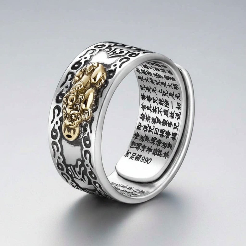 Feng Shui PiXiu Wealth Ring – 990 sterling silver men's band ring with gold Pixiu creature and flame engravings, sutra-inscribed interior Main image