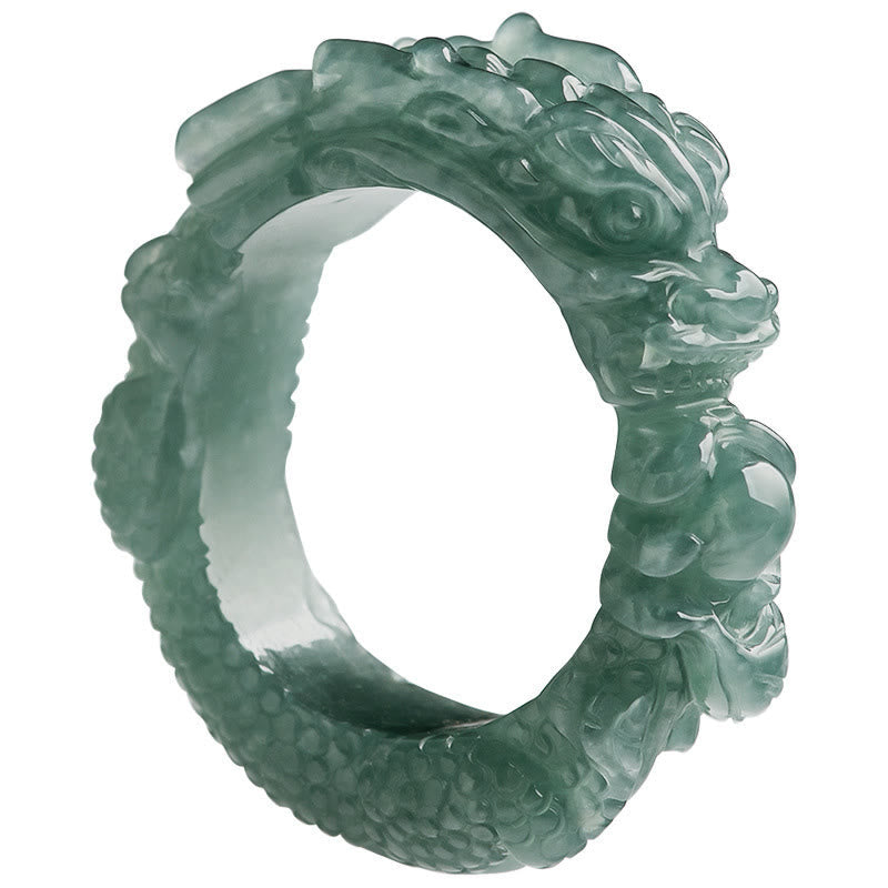 Natural Jade Dragon Ring - Hand-carved teal jadeite dragon on white, Success