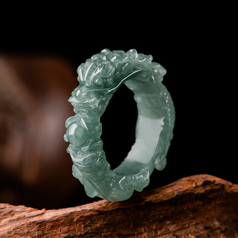 Natural Jade Dragon Ring - Translucent blue-green jadeite carved dragon on driftwood, Prosperity