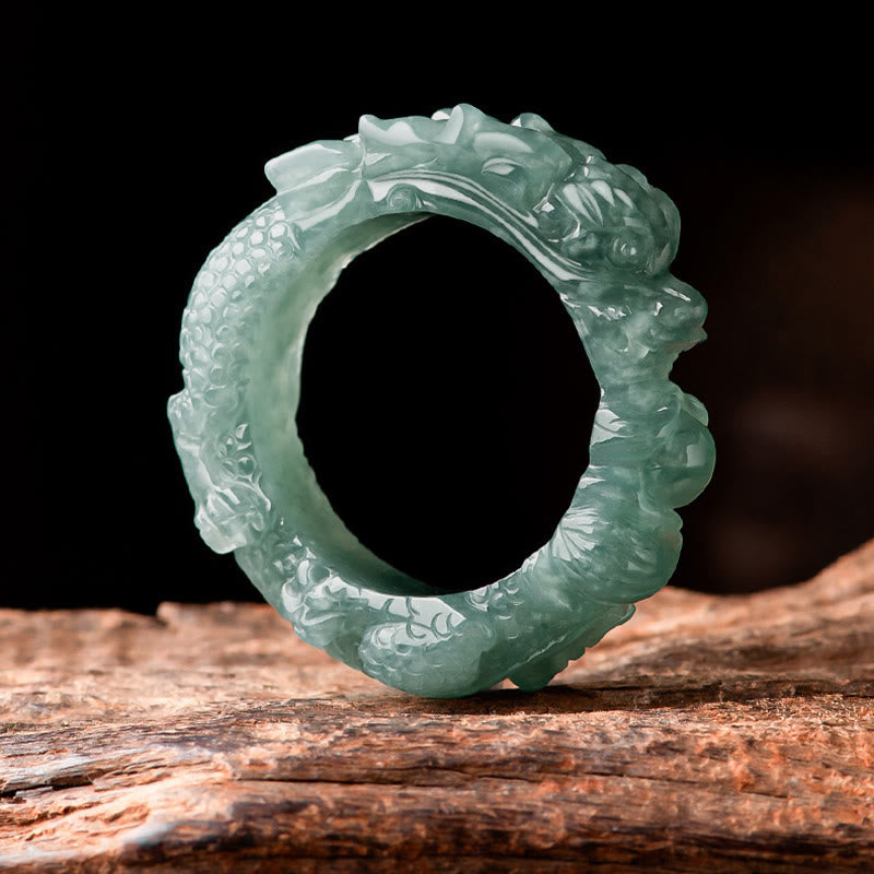 Natural Jade Dragon Ring - Blue-green jade dragon carving on weathered wood, Protection