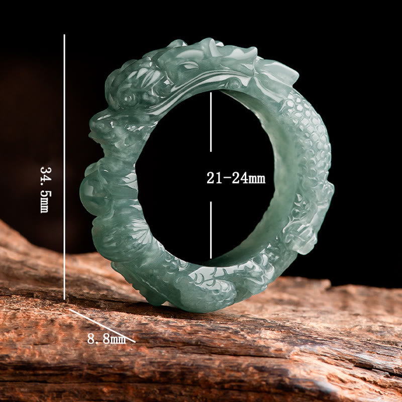 Natural Jade Dragon Ring - Pale jade dragon ring with size specs on wood, Strength
