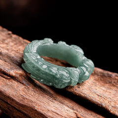 Natural Jade Dragon Ring - Carved celadon jade dragon with scales on wood, Strength