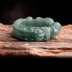 Natural Jade Dragon Ring - Sage green jadeite with floral relief on driftwood, Prosperity