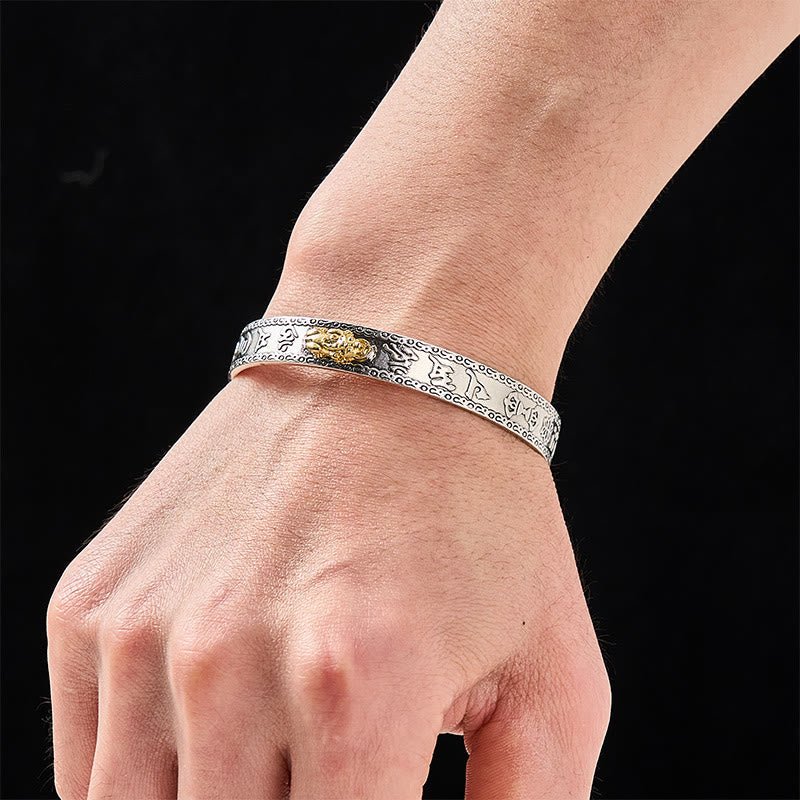 PiXiu Dragon Lotus Silver Bracelet – Gold PiXiu silver cuff worn on wrist, black background, men bracelet