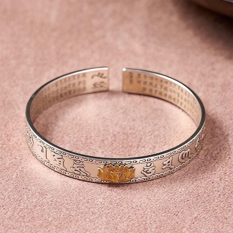 PiXiu Dragon Lotus Silver Bracelet – Top view silver cuff with gold lotus and engraved sutra, blessing
