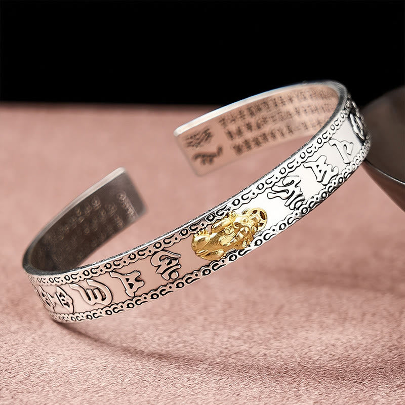 PiXiu Dragon Lotus Silver Bracelet – Silver cuff with gold PiXiu and Heart Sutra engraving, wealth luck Main image