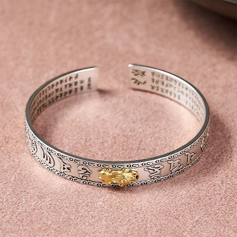 PiXiu Dragon Lotus Silver Bracelet – Top view silver cuff with engraved open ends, feng shui bracelet