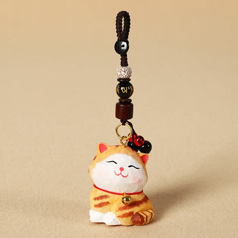 Carved Wood Cat Keychain - Orange tabby cat with Bodhi seed and mantra bead, zen