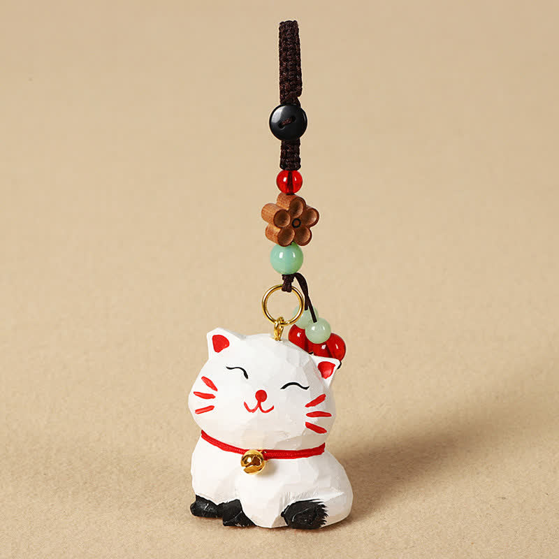 Carved Wood Cat Keychain - White lucky cat with jade beads and flower charm, fortune
